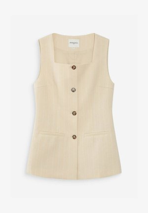 Gilet beige senza maniche con sottili righe verticali bianche, scollo quadrato, quattro bottoni marroni e due tasche anteriori con filetto.