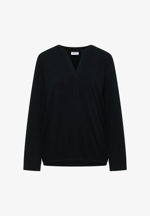 Schwarze Bluse mit langen Ärmeln und V-Ausschnitt, elastischem Saum und subtiler Textur, mit lässiger Passform und Stoffetikett am Ausschnitt.