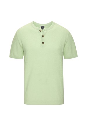 Hellgrünes Kurzarm-Strickshirt aus strukturiertem Stoff mit drei braunen Knöpfen an einem rundhalsausschnittverdeck.