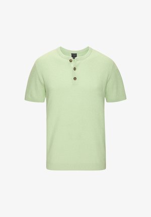 Hellgrünes Kurzarm-Strickshirt aus strukturiertem Stoff mit drei braunen Knöpfen an einem rundhalsausschnittverdeck.