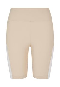 Bézs színű atlétikai rövidnadrág sima felülettel, fehér oldalsó betétekkel és magas derékrésszel. Kényelem és rugalmasság érdekében tervezve.