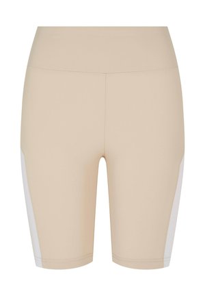 Béžové sportovní šortky s hladkým povrchem, bílé boční panely a vysoký pas. Navrženy pro pohodlí a pružnost.