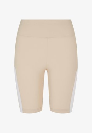 Béžové sportovní šortky s hladkým povrchem, bílé boční panely a vysoký pas. Navrženy pro pohodlí a pružnost.