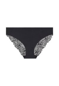 Schwarze Baumwollunterwäsche mit floraler Spitzenborte entlang des Bundes und der Beinöffnungen, aus glattem Stoff mit zarter Textur.