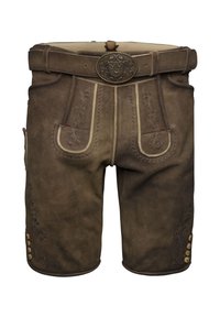 Hnědé kožené šortky s dekorativním šitím, širokým pásem s ozdobnou sponou a knoflíkovými detaily po stranách.