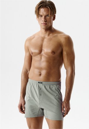 Muskularny mężczyzna z krótkimi jasnobrązowymi włosami stoi, nosząc jasnoszare bokserki z rozpięciem na guziki i etykietą "Atlantic" na gumce.