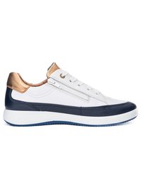 White sneaker with navy blue trim, rose gold heel detail, lace-up front, side zipper, and white sole with blue tread.