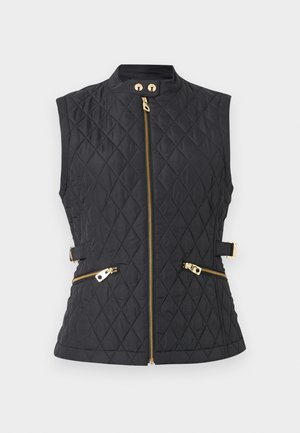 Mustast tikitud varrukateta vest kuldse esilukuga, kahe lukuga tasku, kõrge krae ja reguleeritavate küljerihmadega kuldsete pandlatega.