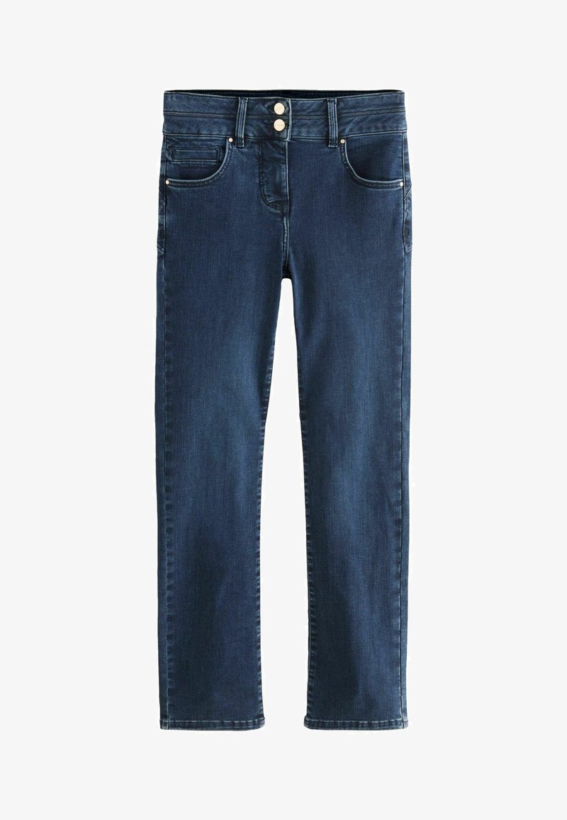 Jeans en denim bleu foncé avec une coupe droite, deux poches avant et un matériel à boutons en métal. Texture lisse avec un léger délavage.