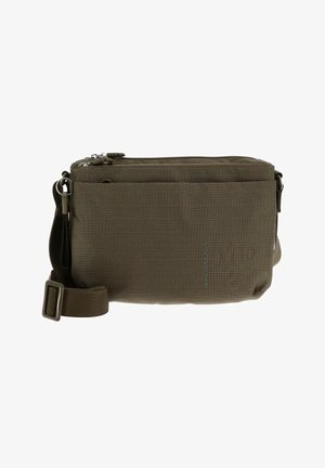Borsa a tracolla verde oliva compatta con tracolla regolabile, tasca anteriore con zip e due scomparti superiori con zip.