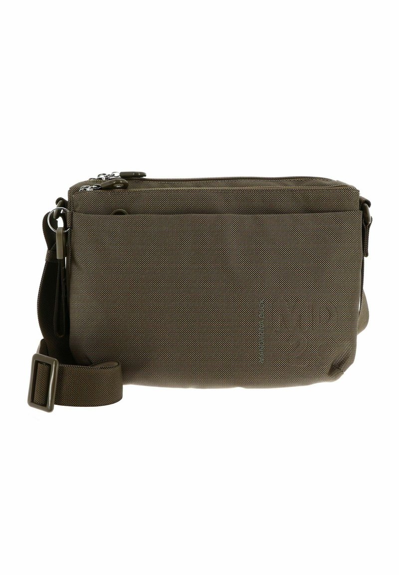 Borsa a tracolla verde oliva compatta con tracolla regolabile, tasca anteriore con zip e due scomparti superiori con zip.