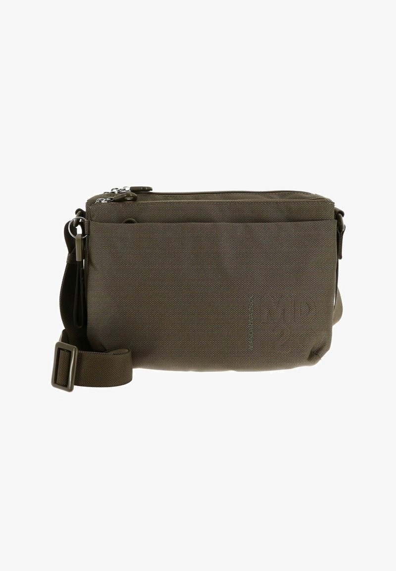 Borsa a tracolla verde oliva compatta con tracolla regolabile, tasca anteriore con zip e due scomparti superiori con zip.