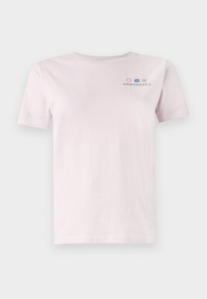 Light pink cotton t-shirt with short sleeves and a round neck, featuring multicolored "Converse" logo on the chest.