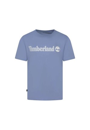 T-shirt bleu clair à manches courtes avec inscription "Timberland" blanche et logo d'arbre centrés sur la poitrine.