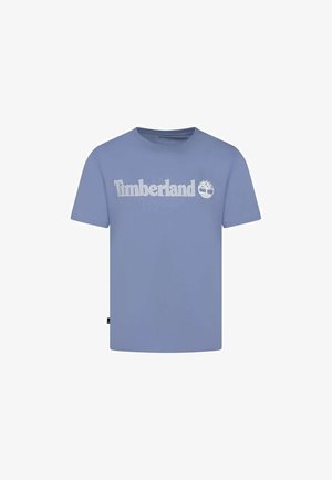 T-shirt bleu clair à manches courtes avec inscription "Timberland" blanche et logo d'arbre centrés sur la poitrine.