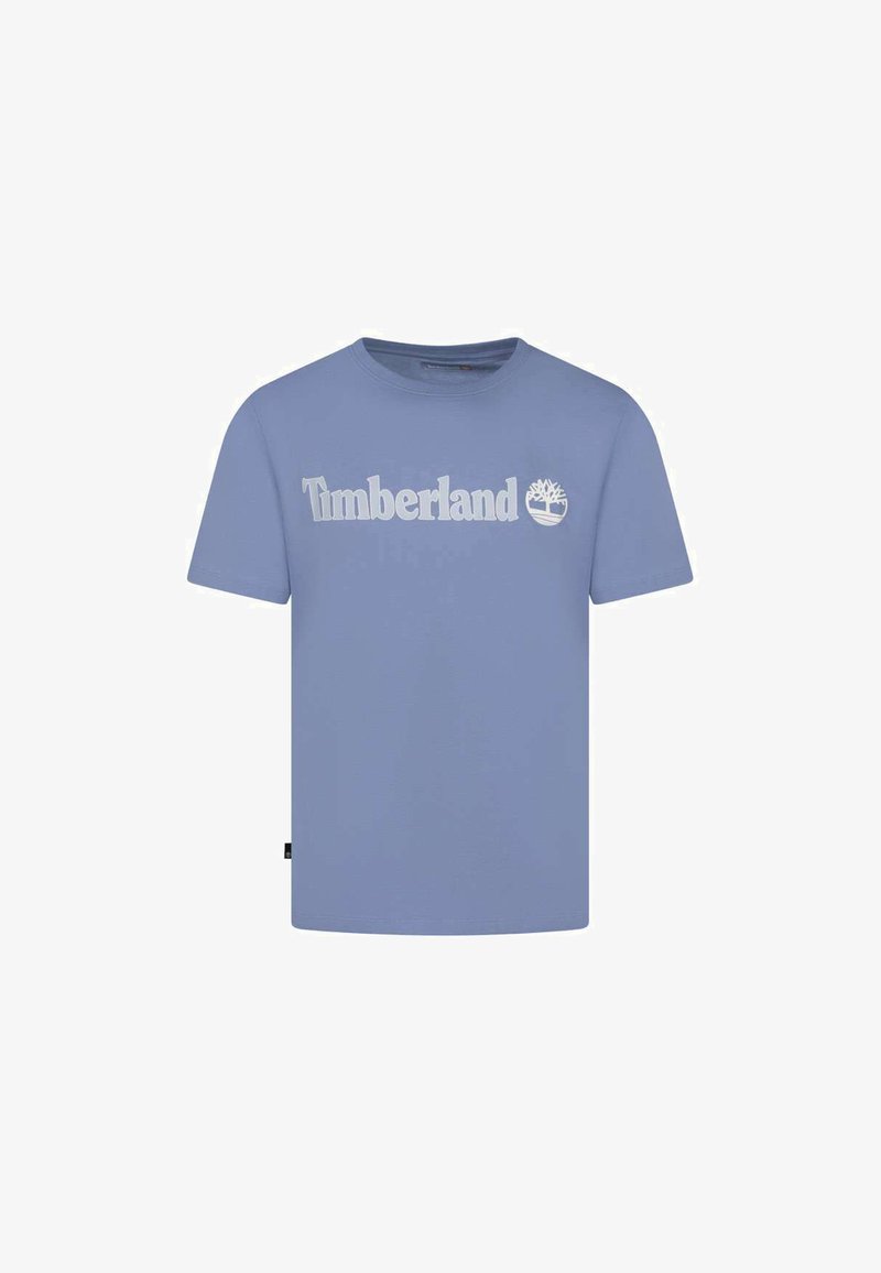 T-shirt bleu clair à manches courtes avec inscription "Timberland" blanche et logo d'arbre centrés sur la poitrine.
