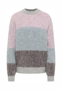 Maglione a coste multicolore con strisce orizzontali in rosa, azzurro, grigio e marrone. Scollo rotondo e maniche lunghe.