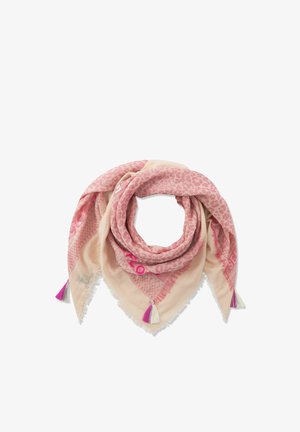 Lichtroze en beige sjaal met luipaard- en geometrische patronen, franjes aan de randen en roze en witte tassels op de hoeken.