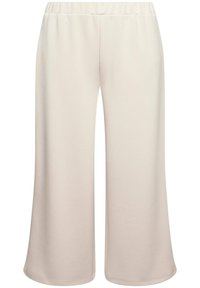 Pantalons larges beige clair avec une taille élastique, fabriqués en tissu doux. Texture lisse sans motifs visibles ni détails en métal.