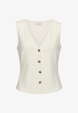 Weißes, strukturiertes Top mit V-Ausschnitt und fünf braunen Knöpfen auf der Vorderseite, mit taillierter Passform und ärmellosem Schnitt.