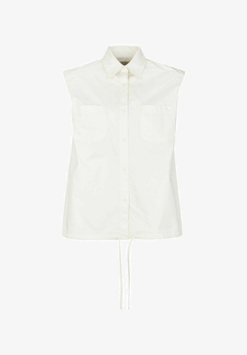 Sleeveless white shirt with a collared neckline, featuring two front pockets and a drawstring hem for adjustment.