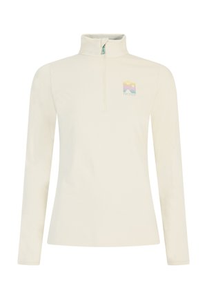 Sudadera de corte cuadrado color beige claro con cremallera hasta la mitad, hecha de una tela suave. Tiene mangas largas y un logo colorido con montañas y un sol en el lado izquierdo del pecho.