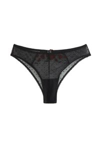 Sorte gennemskinnelige panties med polka prikker, pyntet med broderede røde roser og en lille dekorativ sløjfe i midten af taljebåndet.