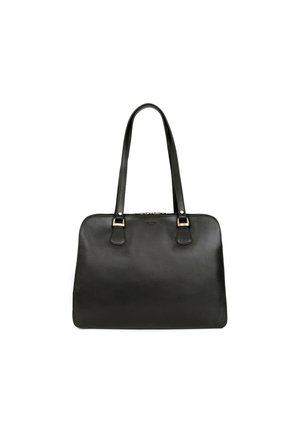 Zwarte leren handtas met twee lange handvatten, rechthoekige vorm, gladde textuur, met gouden hardware-accenten en een ritsluiting.