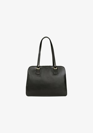 Zwarte leren handtas met twee lange handvatten, rechthoekige vorm, gladde textuur, met gouden hardware-accenten en een ritsluiting.