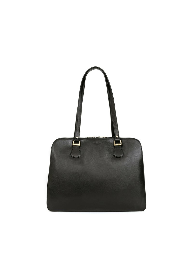 Borsa a tracolla in pelle nera con due manici lunghi, forma rettangolare, texture liscia, con dettagli in metallo dorato e chiusura con zip.