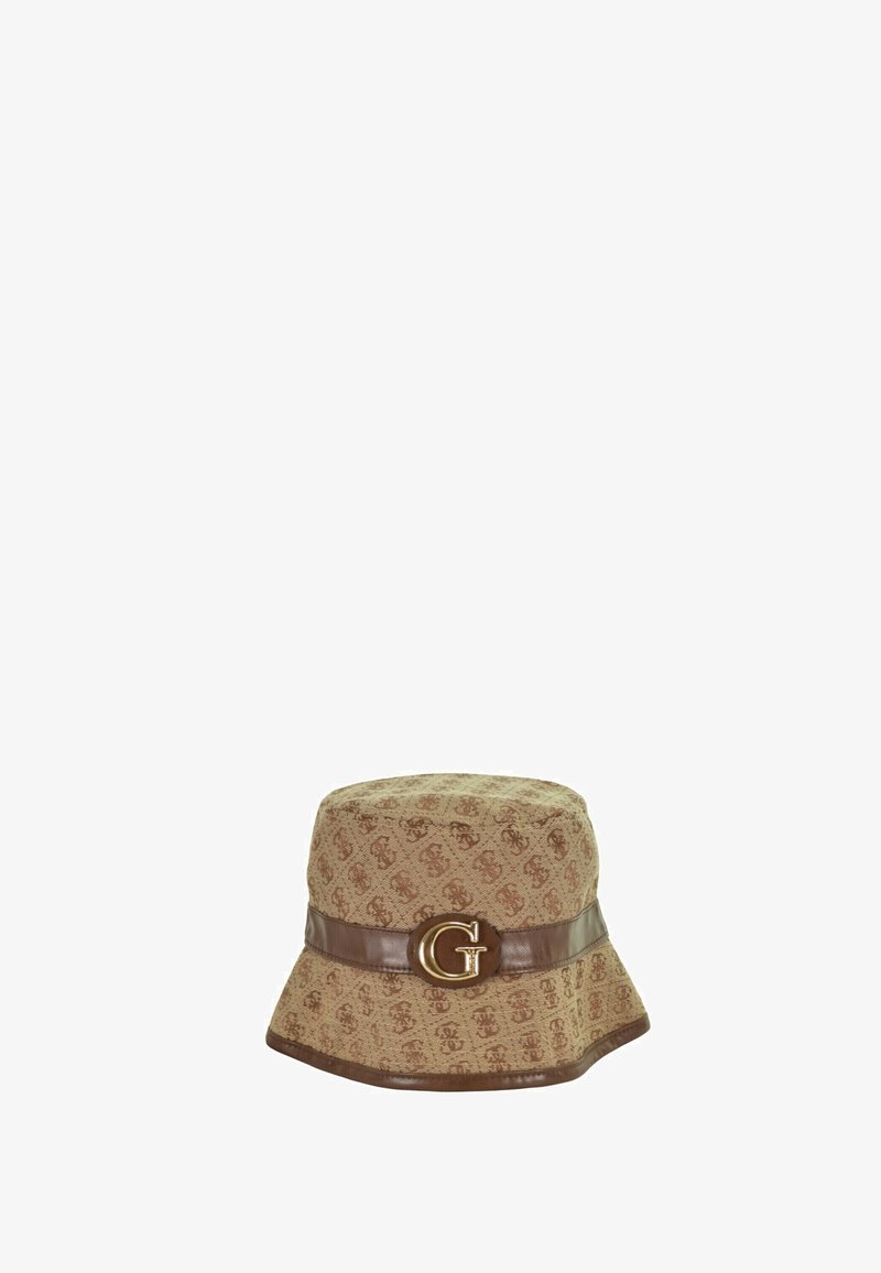 Cappello a secchiello marrone con motivo, rifinito in pelle e dotato di una fibbia rotonda con la lettera "G" sulla fascia.
