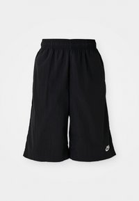 Schwarze Nike-Sportshorts in knielanger Länge mit elastischem Bund und kleinem weißem Nike-Logo am unteren linken Bein.
