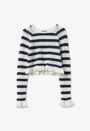 Kurzer Pullover mit horizontalen Streifen in Marineblau und Weiß, gestrickter Textur, Rundhalsausschnitt und ausgestellten Bündchen. Der Saum ist mit einem Rüschensaum versehen.