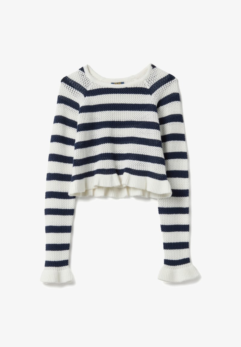 Suéter corto con rayas horizontales en azul marino y blanco, textura de punto, cuello redondo y puños acampanados. El dobladillo tiene un borde con volantes.