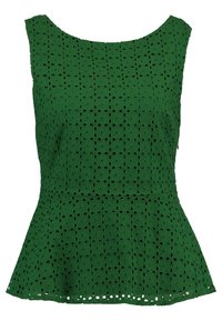 Top peplum verde realizzato in tessuto testurizzato con motivi floreali tagliati al laser, caratterizzato da un colletto tondo e un orlo svasato.