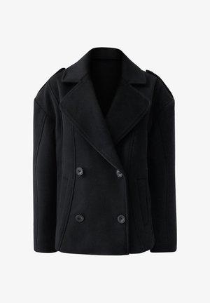 Zwarte dubbelbreasted jas met grote revers, gemaakt van een gestructureerde stof. Bevat twee zijzakken en knoopsluitingen, gestructureerde vorm.
