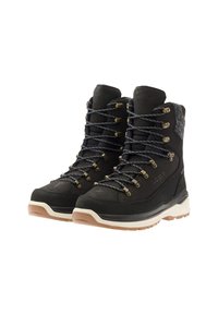 Zwarte wandelschoenen met een gestructureerde bovenkant, gouden hardware, grijze en zwarte veters, en een contrasterende rubberen buitenzool met een lichtbruine accent.