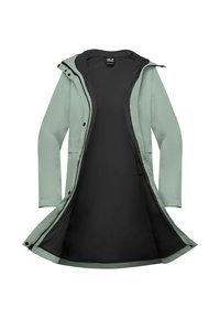 Langer hellgrüner Regenmantel mit schwarzem Innenfutter, Kapuze und teilweise geöffnetem Frontreißverschluss, auf weißem Hintergrund flach ausgelegt.