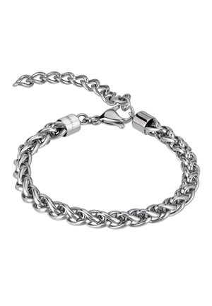 Stříbrný kroucený řetízek na zápěstí s karabinovým zapínáním a krátkými prodlužovacími články pro nastavitelnou velikost.