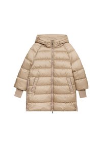 Kurtka puchowa w jasnym beżu, wyposażona w kaptur, zapięcie na zamek, dwie boczne kieszenie oraz ściągacze przy mankietach. Gładka faktura z pikowanymi wstawkami.