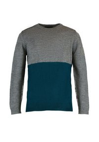 Heren gebreide trui in grijs en teal, met een ronde hals, ribbelzoom en een opvallend horizontaal kleurblokontwerp. Zachte textuur.