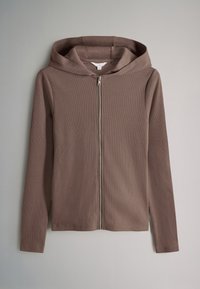 Felpa con cappuccio marrone con zip, realizzata in tessuto a coste, caratterizzata da un grande cappuccio, maniche lunghe e orlo rifinito. Nessun motivo o dettaglio visibile.