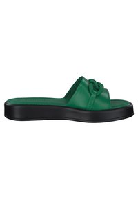 Sandale à glissière verte avec une large bride et un détail de nœud décoratif, semelle noire rembourrée, bout ouvert et design à enfiler.