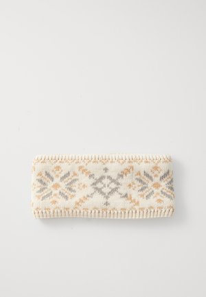 Knit headband in cream with geometric patterns in orange and gray. Soft texture with a ribbed edge for a snug fit.