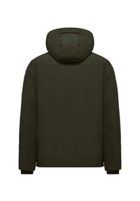 Giacca imbottita verde scuro con cappuccio, caratterizzata da una texture liscia, tasche laterali e polsini elasticizzati per isolamento e comfort.