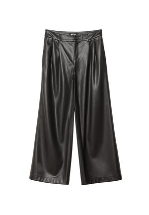 Schwarze, aus Kunstleder gefertigte, weite Hose mit hohem Bund, vorderen Falten und Knopfverschluss. Glatte Textur mit elegantem Finish.