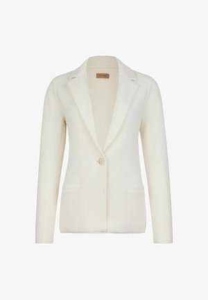 Vit skräddarsydd blazer med ett texturerat mönster, enkel knappstängning och två framfickor. Klassiska slag och slät tygfinish.