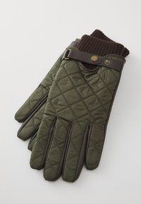 Πλισέ πράσινα γάντια με καφέ δερμάτινες λεπτομέρειες και ριγωτό καφέ πλεκτό μανσέτα, διαθέτοντας κούμπωμα με κλιπ και ραφές σε διαμαντένιο μοτίβο.