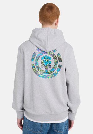 Szara bluza z kapturem z kolorowym drzewem i abstrakcyjnymi wzorami na plecach, o luźnym kroju i ściągaczach na mankietach.