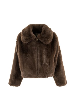 Chaqueta de pelaje sintético marrón con un diseño recortado, cuello ancho y cierre con cremallera. Presenta una textura suave y una apariencia esponjosa.